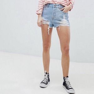 ASOS Raw Hem Destroyed Distressed High Rise Denim Shorts Ladies Sz 8 Button Fly